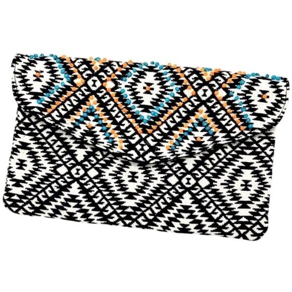 Merona Black & White Aztec Pattern Clutch Purse Colorful Bead Details Boho - Picture 1 of 4
